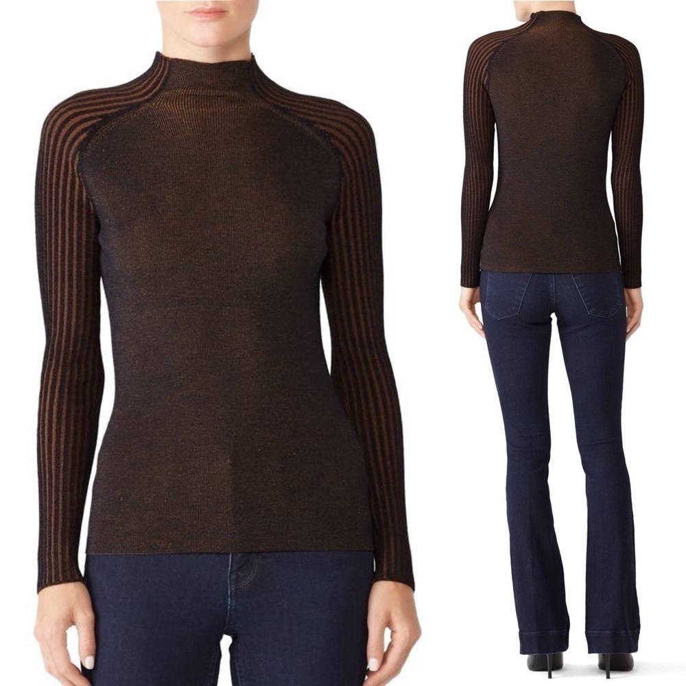DREYDEN Wool Sweater‎ Contrast Stripe Rib Knit Lightweight Slim Fit Mockneck XL